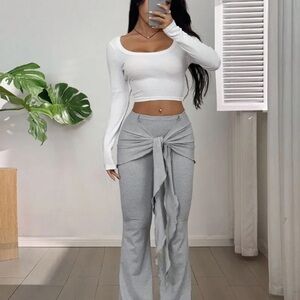 High-Rise Tie-Front Wide Leg Pants - Light Gray